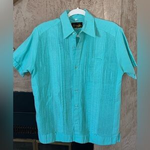 Yuca Guayabera Shirt 38 Medium • Turquoise • Short Sleeve • Made in Mexico